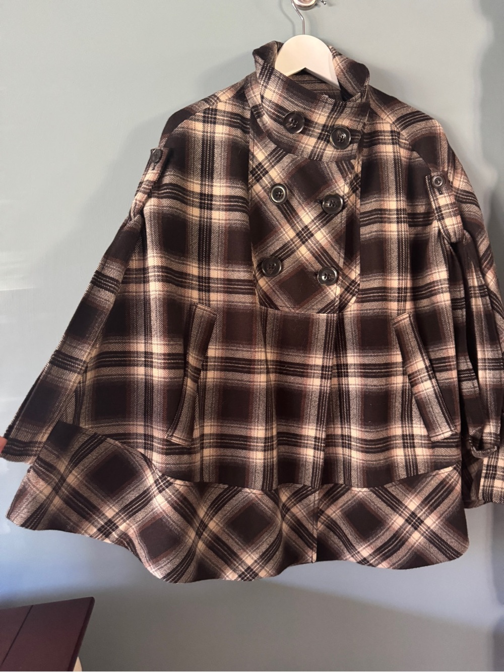 LOFT Brown and Cream Plaid Double-Breasted Cape Coat